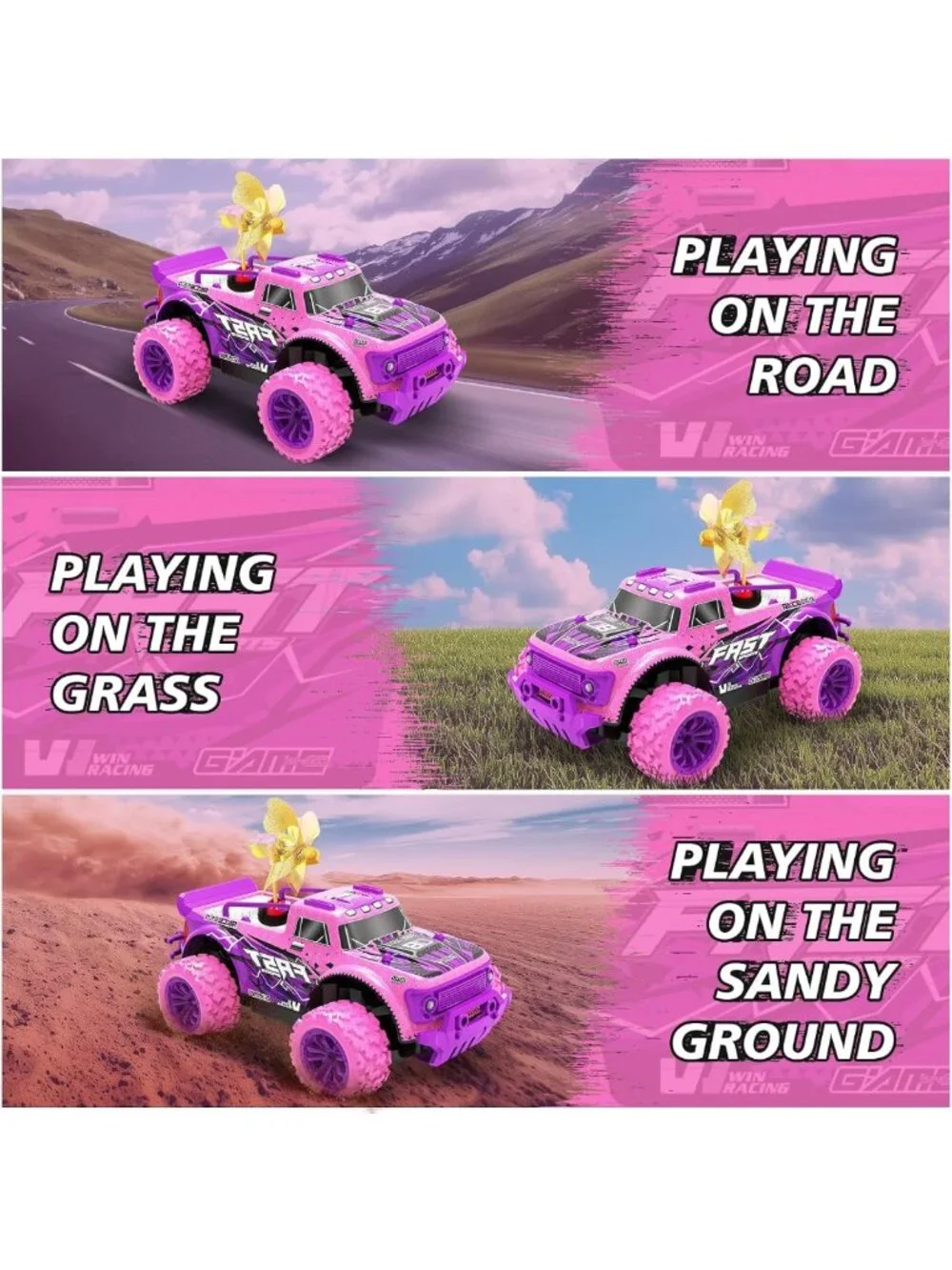Pink Purple Remote Control Car for Girls - 1:20 Scale LED Truck, Fast All